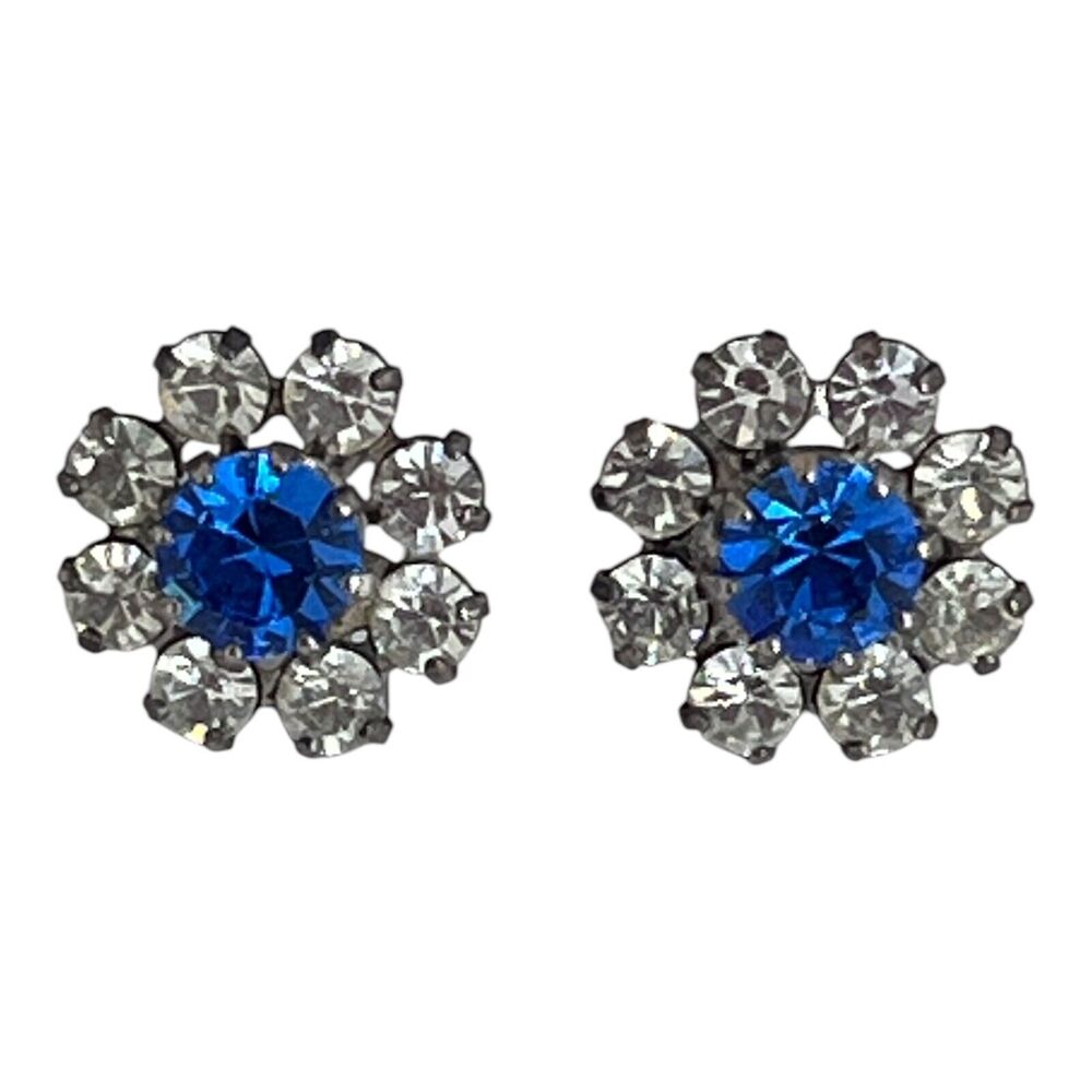 Vintage 1960s Rhinestone Stud Earrings Blue Crystal Silver Tone - 5M